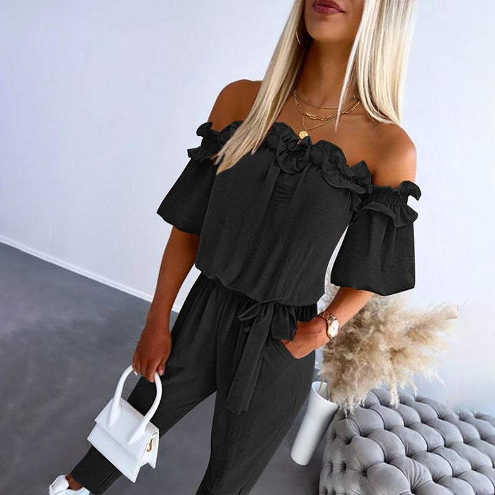 Chic women's off-shoulder jumpsuit with tie-waist, a versatile one-piece for casual or elegant summer wear.