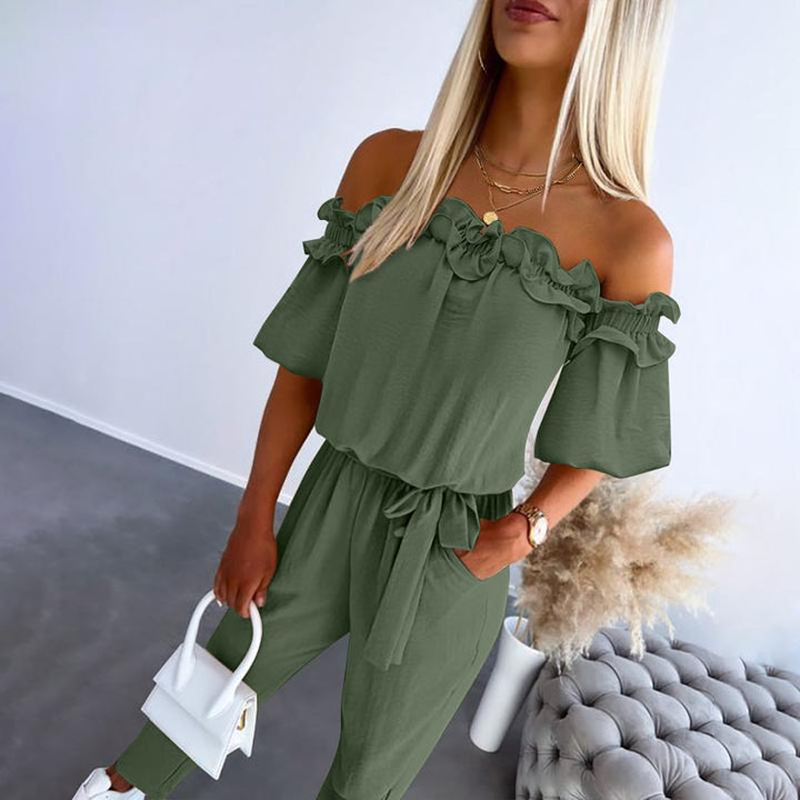 Fashionable women's off-shoulder jumpsuit, a comfortable tie-waist one-piece perfect for summer style.