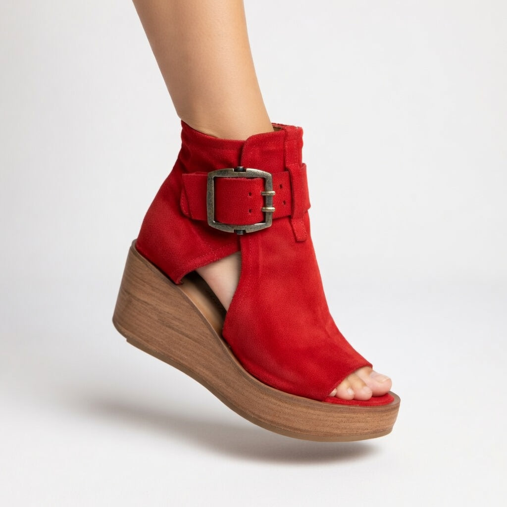 Women's stylish open toe wedge ankle boots. Comfortable & versatile everyday fashion footwear.
