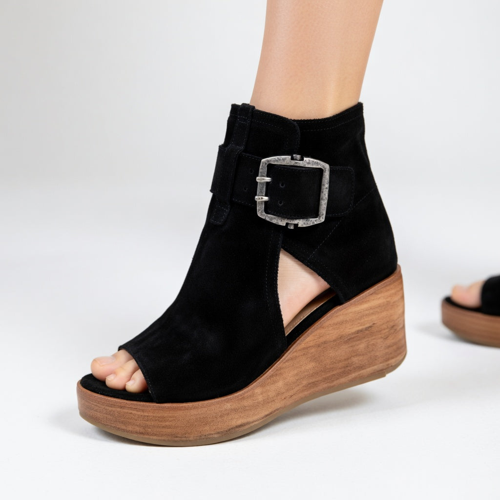 Purple women's open toe wedge ankle boots. Stylish and comfortable for all-day wear.