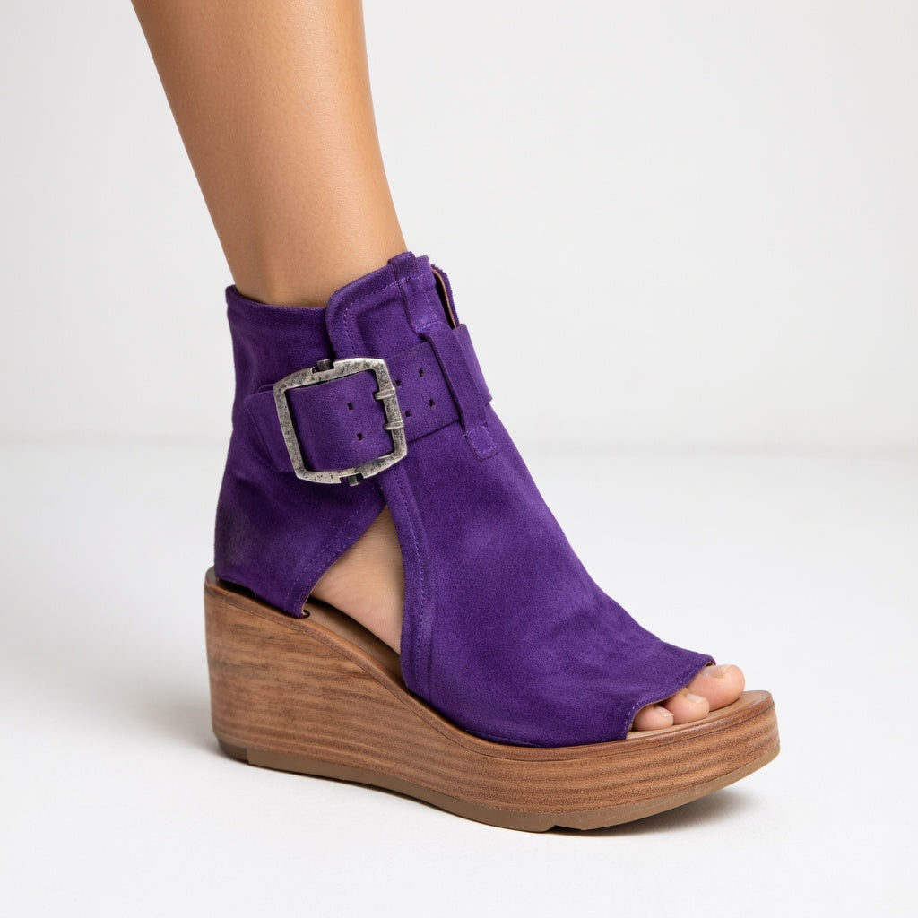 Black women's open toe wedge ankle boots. Versatile, stylish, and comfortable fashion boots.