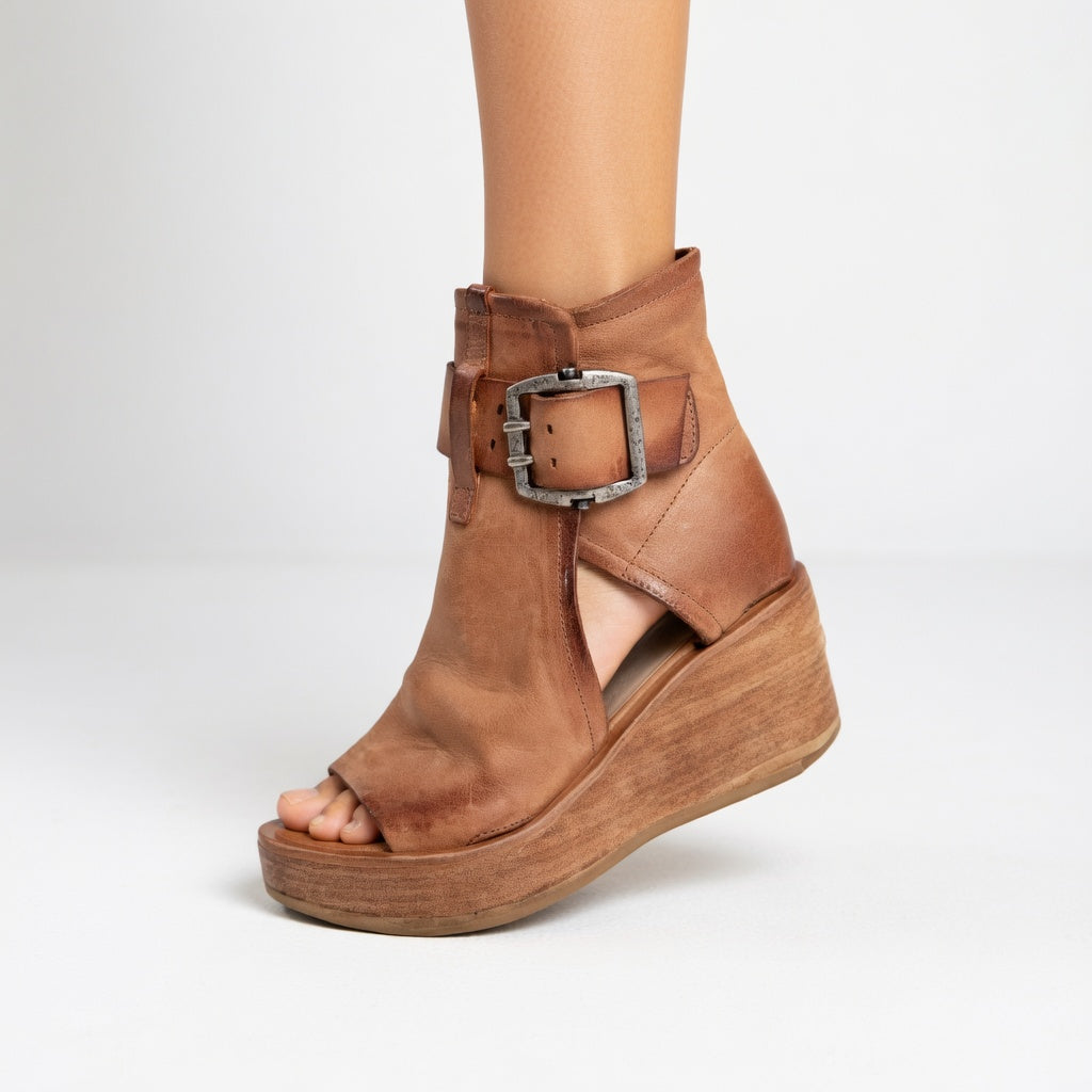 Brown women's stylish open toe wedge ankle boots. Comfortable fashion for everyday wear.