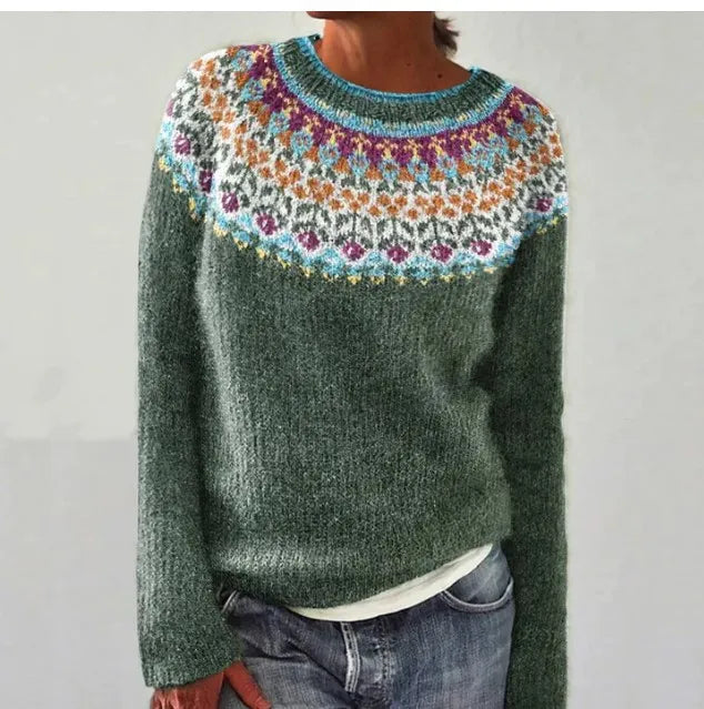 Elegant patterned women's sweater, a versatile wide-neck top for everyday fashion and chic style.