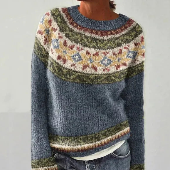 Women's vibrant patterned knit jumper, features a wide neckline & long sleeves for autumn/winter style.