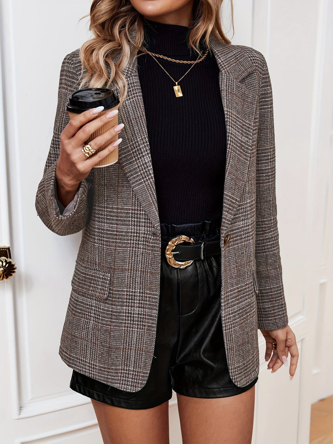 Women's stylish plaid long sleeve blazer, perfect for casual, business casual, or office wear outfits.