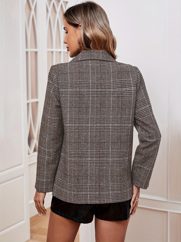 Trendy long sleeve plaid blazer for women, a stylish jacket suitable for office, business casual, or chic everyday wear.