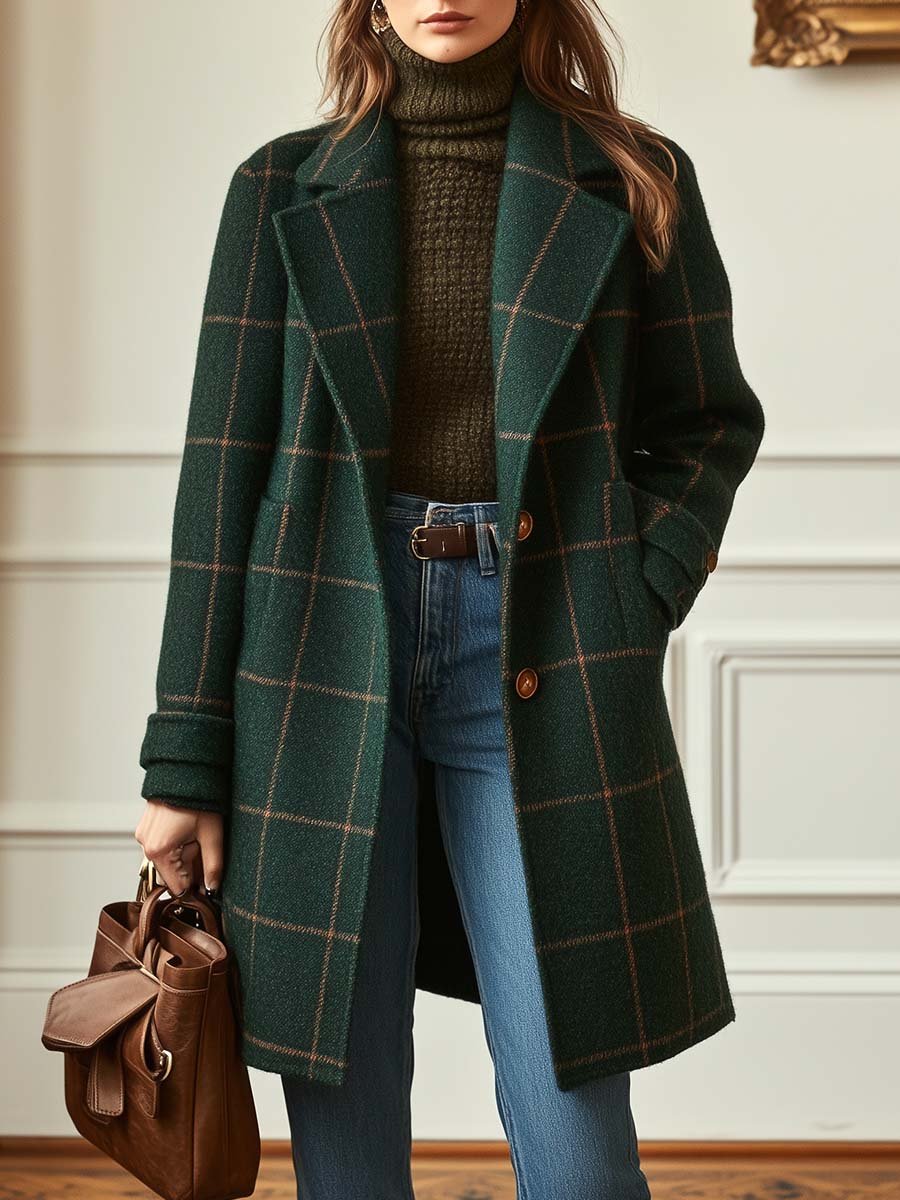 Women's stylish plaid mid-length winter coat. Elegant double-breasted outerwear for cold weather fashion.