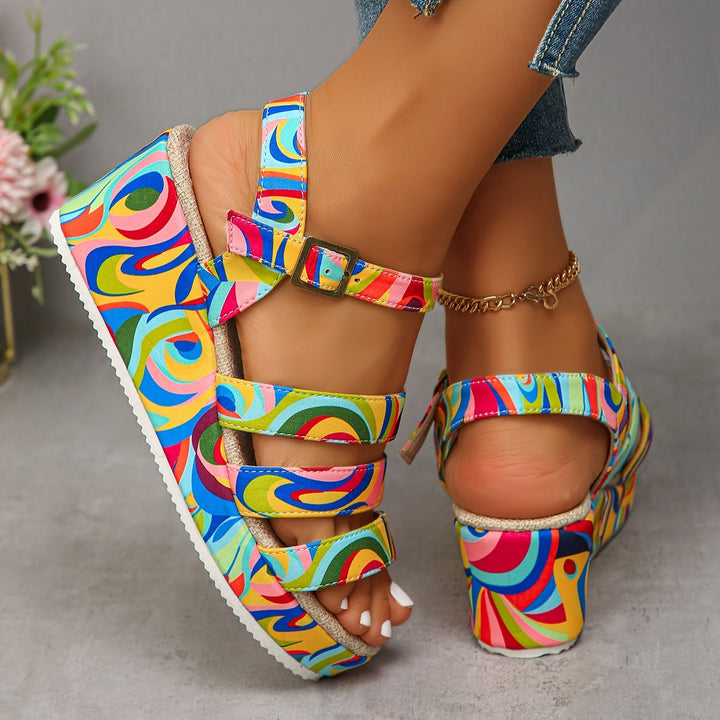 Comfortable women's open-toe platform sandals with stylish ankle straps for warm weather fashion.