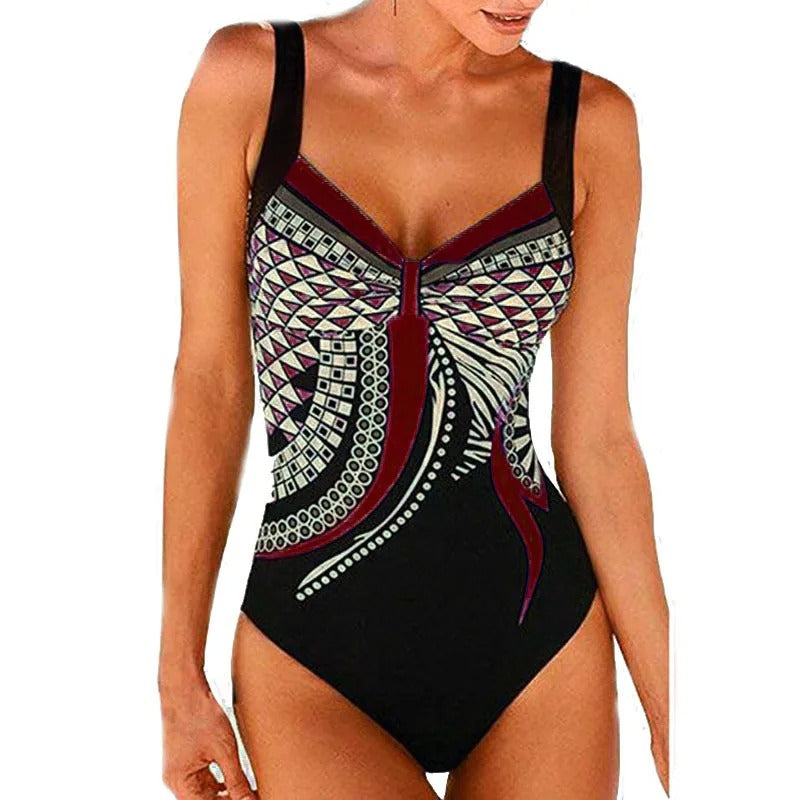 Women's stylish printed one-piece swimsuit with comfortable tank straps, perfect for beach & pool.