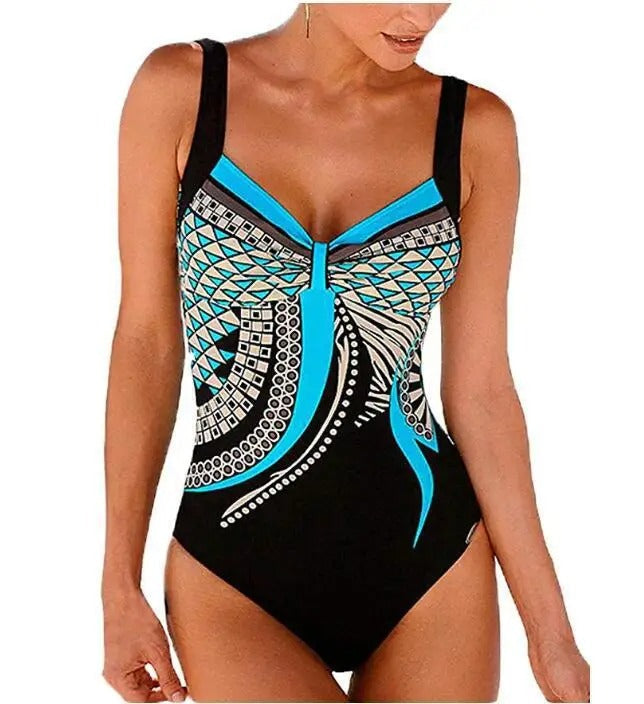 Vibrant printed one-piece swimsuit for women, featuring a flattering U-neck design & full coverage.