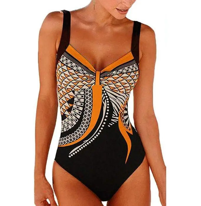 Stylish women's full coverage printed one-piece bathing suit, perfect for a chic summer look.