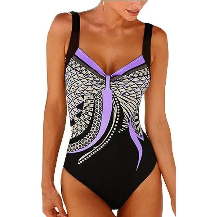 Fashionable women's printed one-piece swimwear with tank straps, essential beachwear for summer.