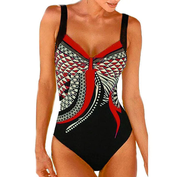 Vibrant printed U-neck one-piece swimsuit for women, offering comfort & style at the beach or pool.