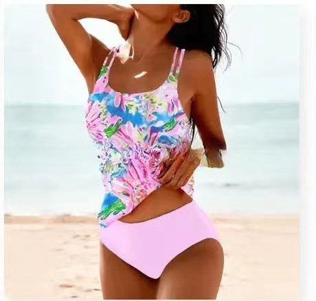 Sleeveless women's printed tankini with removable cups, essential for beachwear & swim season.