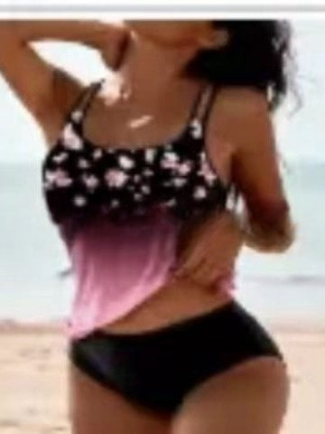 Two-piece women's printed tankini bathing suit, great for vacation outfits, water sports & summer.
