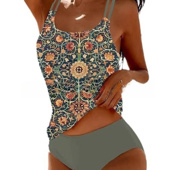 Fashionable women's printed tankini swimwear, offering comfort & style for summer beach days.