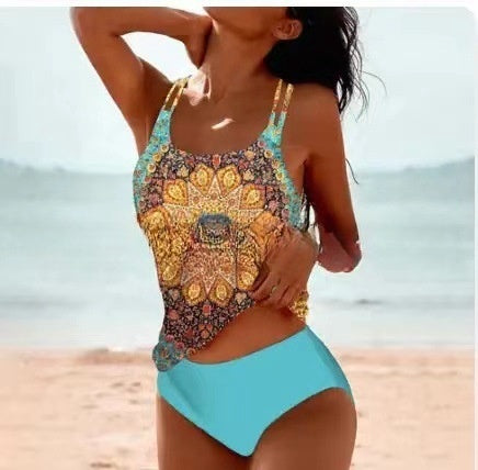 Vibrant printed women's tankini swimsuit, a stylish choice for any summer outfit & beach trip.