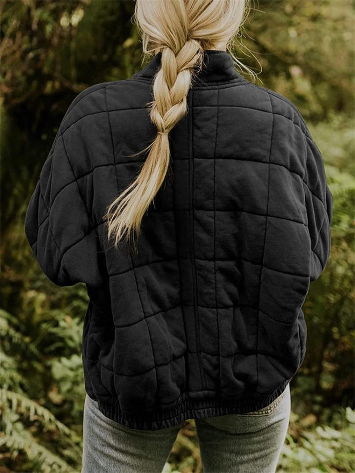Women's stylish quilted bomber jacket, zip-up, stand collar. Perfect autumn/spring casual outerwear.