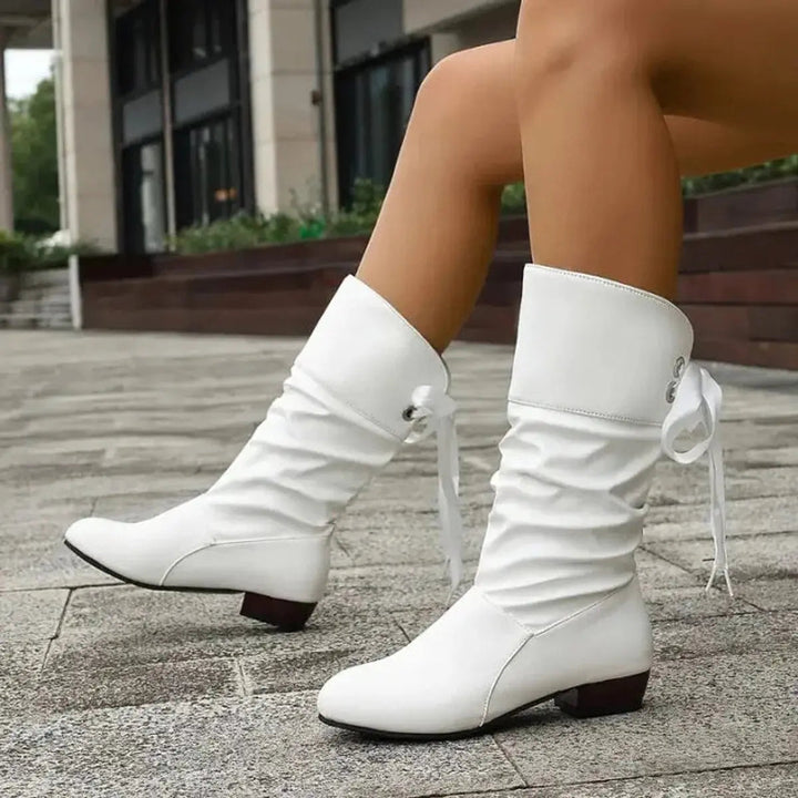 Women's fashion mid-calf boots, ruched, slouchy, lace-up, featuring a comfortable block heel.