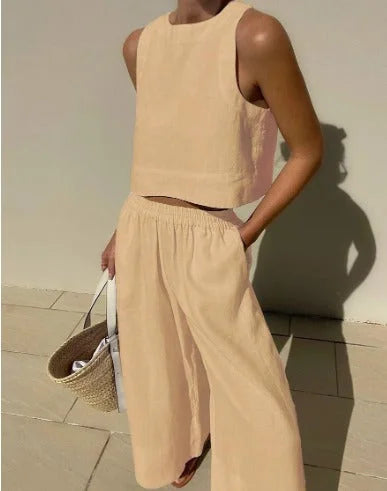 Women's two-piece set: sleeveless crop top and wide-leg pants with comfortable elastic waist.