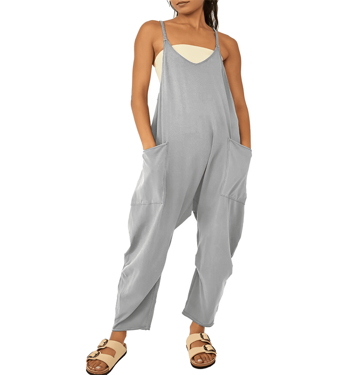 Front view of women's sleeveless jumpsuit. Elegant & comfortable for everyday style.