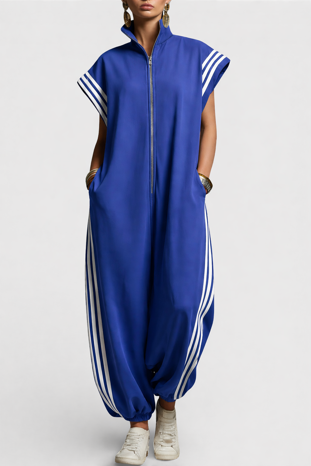Women's stylish sleeveless zip neck jumpsuit for effortless comfort. Modern, versatile one-piece summer fashion.