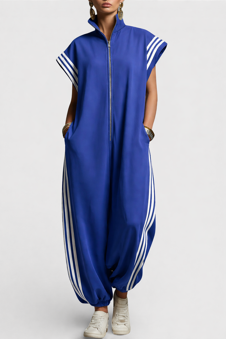 Women's stylish sleeveless zip neck jumpsuit for effortless comfort. Modern, versatile one-piece summer fashion.