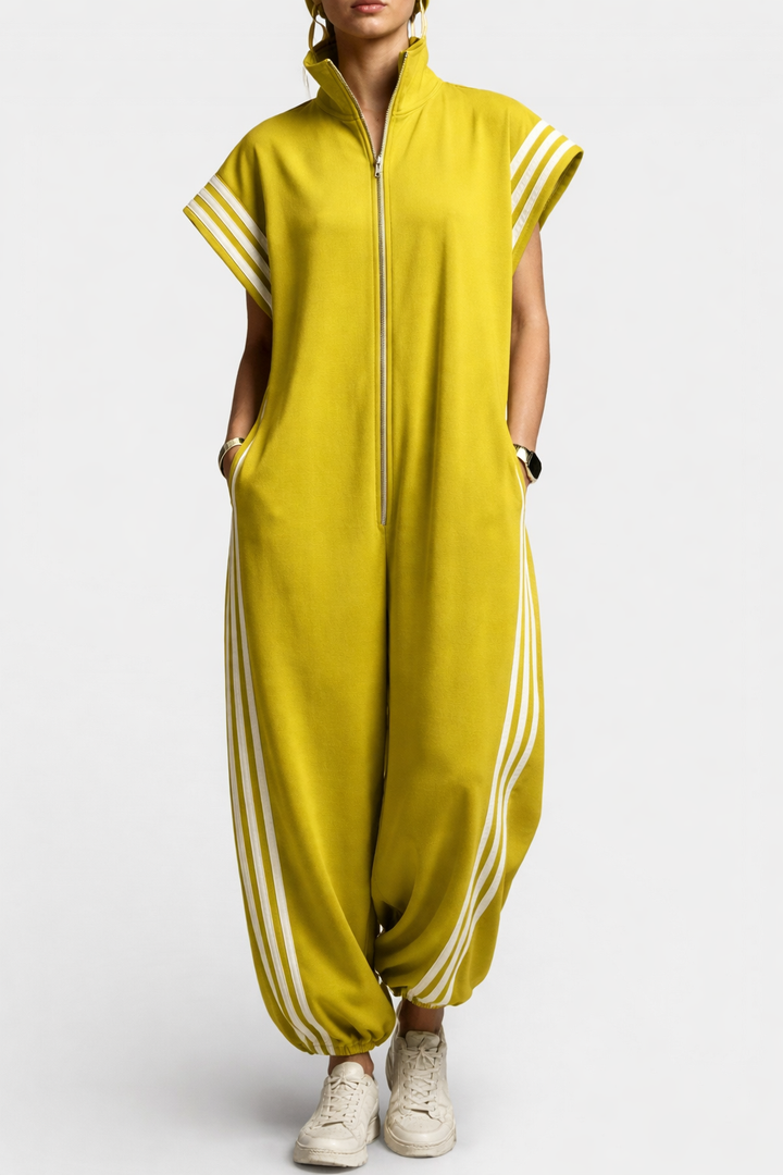 Fashionable women's sleeveless zip neck jumpsuit. A comfortable, elegant one-piece outfit for versatile modern style.