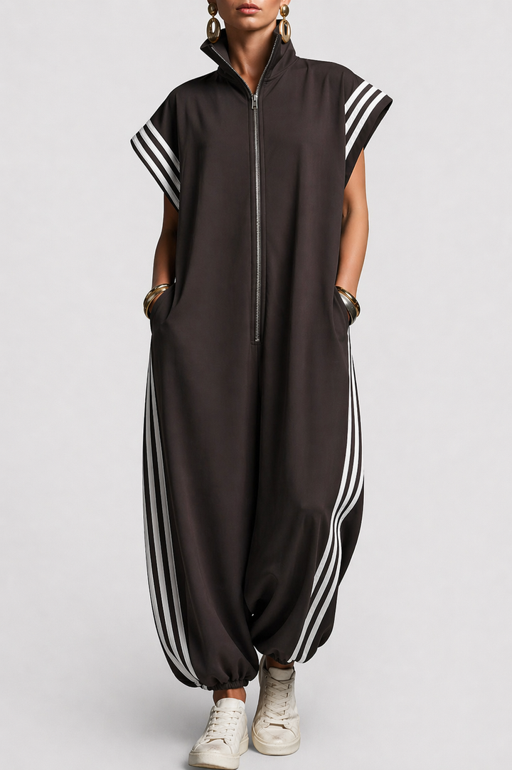 Elegant women's sleeveless jumpsuit featuring a modern zip neck. Comfortable and stylish for a chic all-day look.