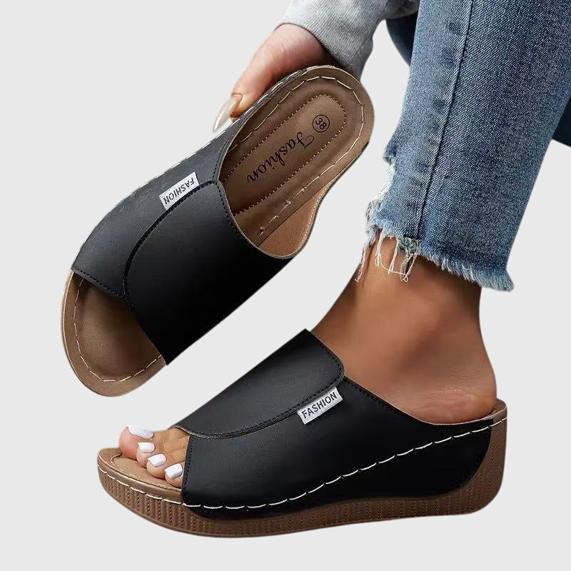 Stylish stitched wedge sandals for women, offering comfort & support for summer fashion.