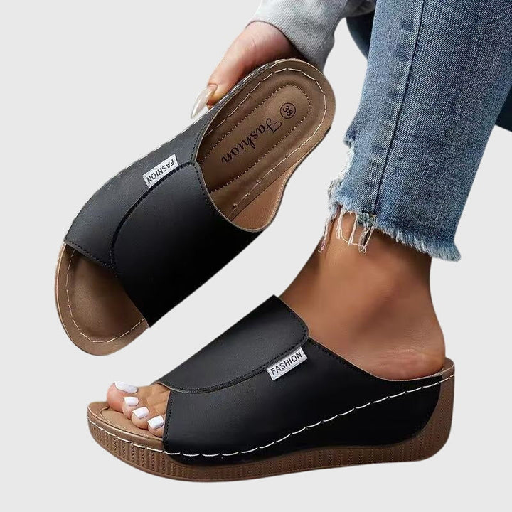 Stylish stitched wedge sandals for women, offering comfort & support for summer fashion.