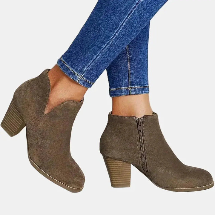 Fall fashion women's suede block heel ankle boots, featuring a modern side zip for easy wear.