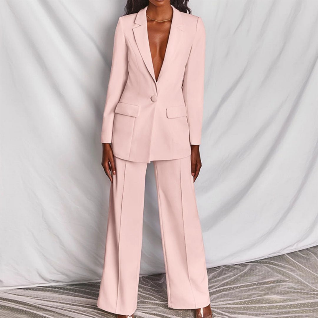 Professional women's suit set, including a sleek blazer and classic trousers for formal wear.