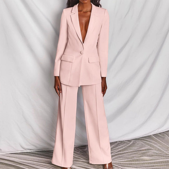 Professional women's suit set, including a sleek blazer and classic trousers for formal wear.