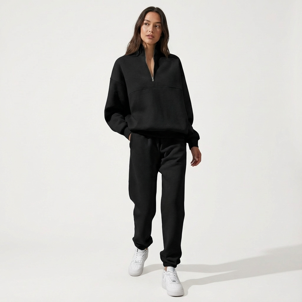 Women's stylish two-piece half-zip tracksuit set with comfortable joggers, ideal for loungewear.