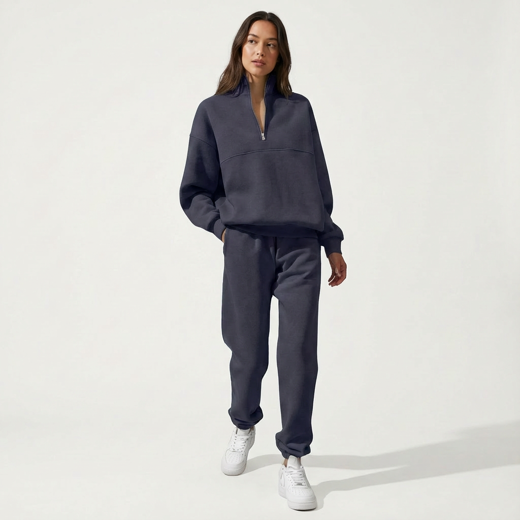 Comfortable women's half-zip top & jogger pants set. Stylish two-piece loungewear for casual wear.