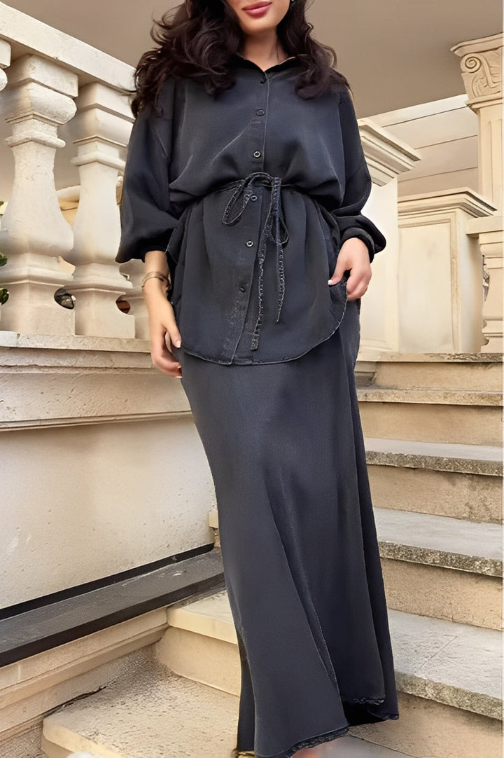 Women's stylish two-piece set: button shirt & maxi skirt. Elegant, casual chic, and versatile fashion ensemble.