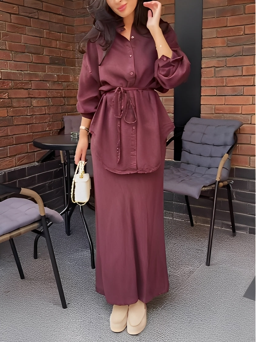 Elegant women's long sleeve button shirt and tie-waist maxi skirt set. Perfect coordinated outfit for modern style.