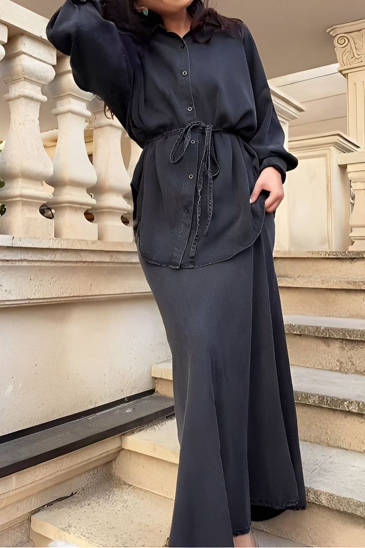 Versatile women's two-piece set: elegant button shirt & maxi skirt. Ideal for modern casual or chic coordinated looks.