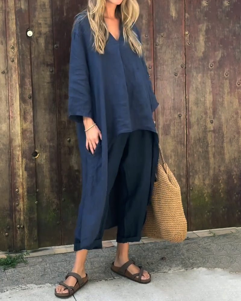 Light blue women's two-piece outfit; a comfortable & versatile summer set with a breezy top for casual wear.