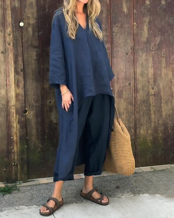 Light blue women's two-piece outfit; a comfortable & versatile summer set with a breezy top for casual wear.