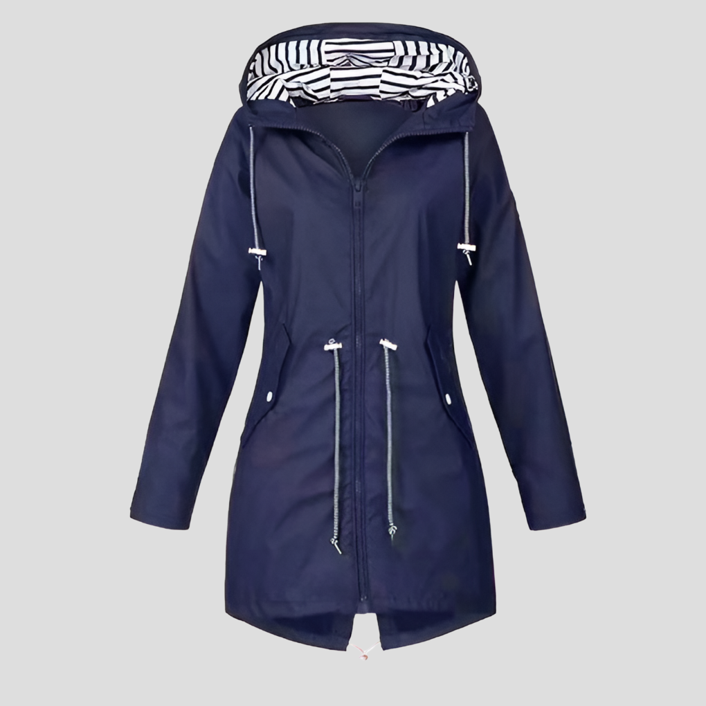 Back view of a women's sleek water-resistant hooded jacket, designed for comfortable everyday outerwear protection.