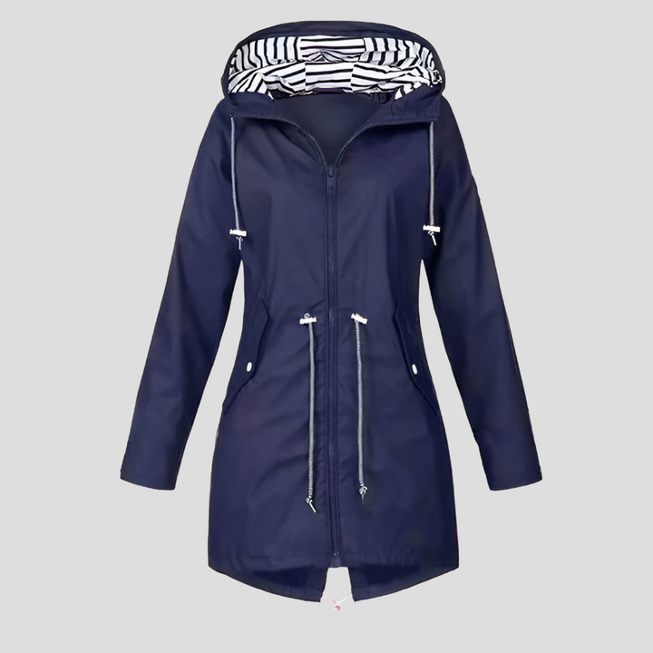 Back view of a women's sleek water-resistant hooded jacket, designed for comfortable everyday outerwear protection.