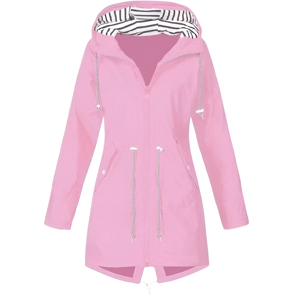 Folded women's water-resistant hooded travel jacket, highlighting its lightweight design for easy packing & style.
