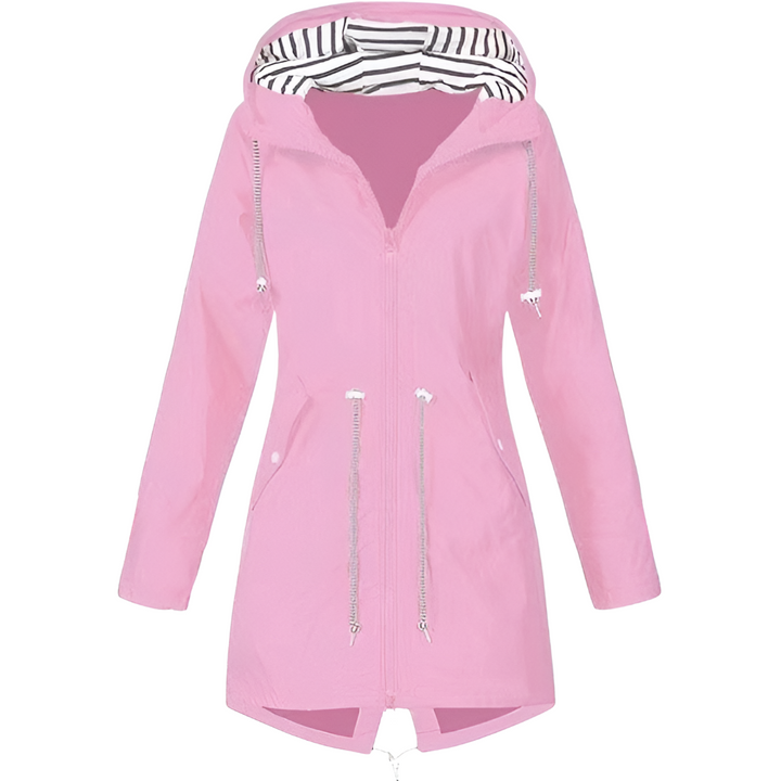 Folded women's water-resistant hooded travel jacket, highlighting its lightweight design for easy packing & style.