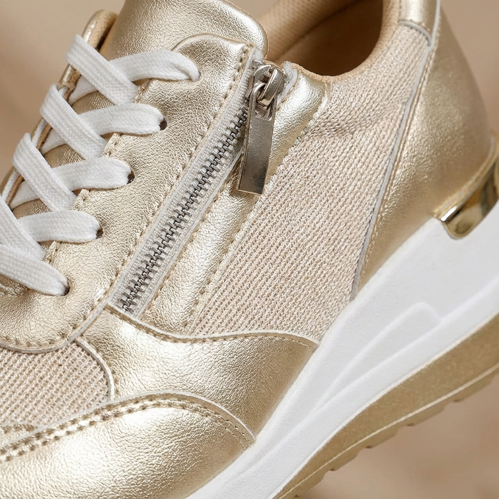Casual women's wedge trainers with a hidden lift, stylish design, and easy-to-use side zip for comfort.