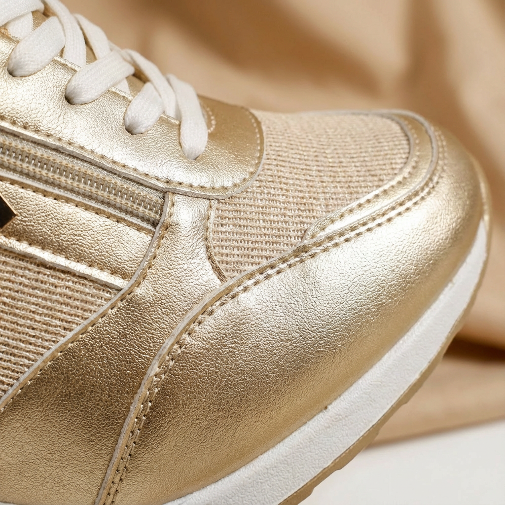 Gold metallic women's platform wedge trainers, perfect for stylish everyday wear with a handy side zip.