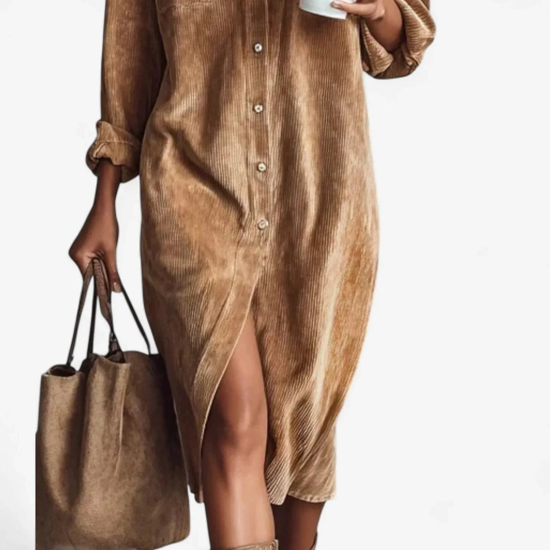 Collared button-front midi dress for women, featuring wide silhouette & functional pockets. Versatile fashion.