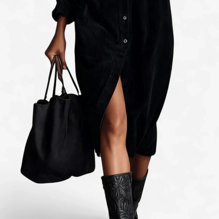 Chic women's wide midi shirt dress, collared and buttoned, with essential pockets. Modern everyday fashion.