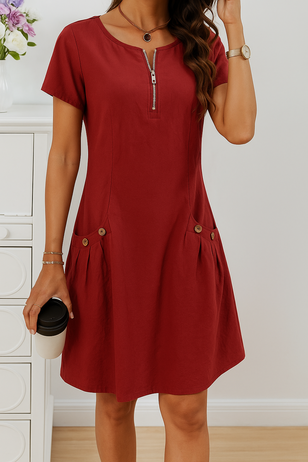 Comfortable women's short sleeve summer dress with a functional zip front and useful patch pockets.